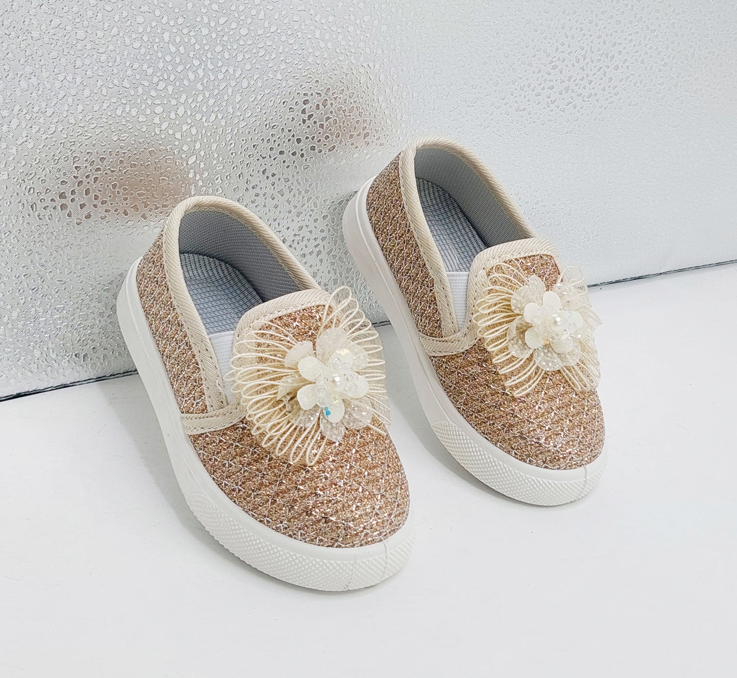 Beautiful Design Fancy Look Canvas Shoes for Kids Girls - 007 (Beige)