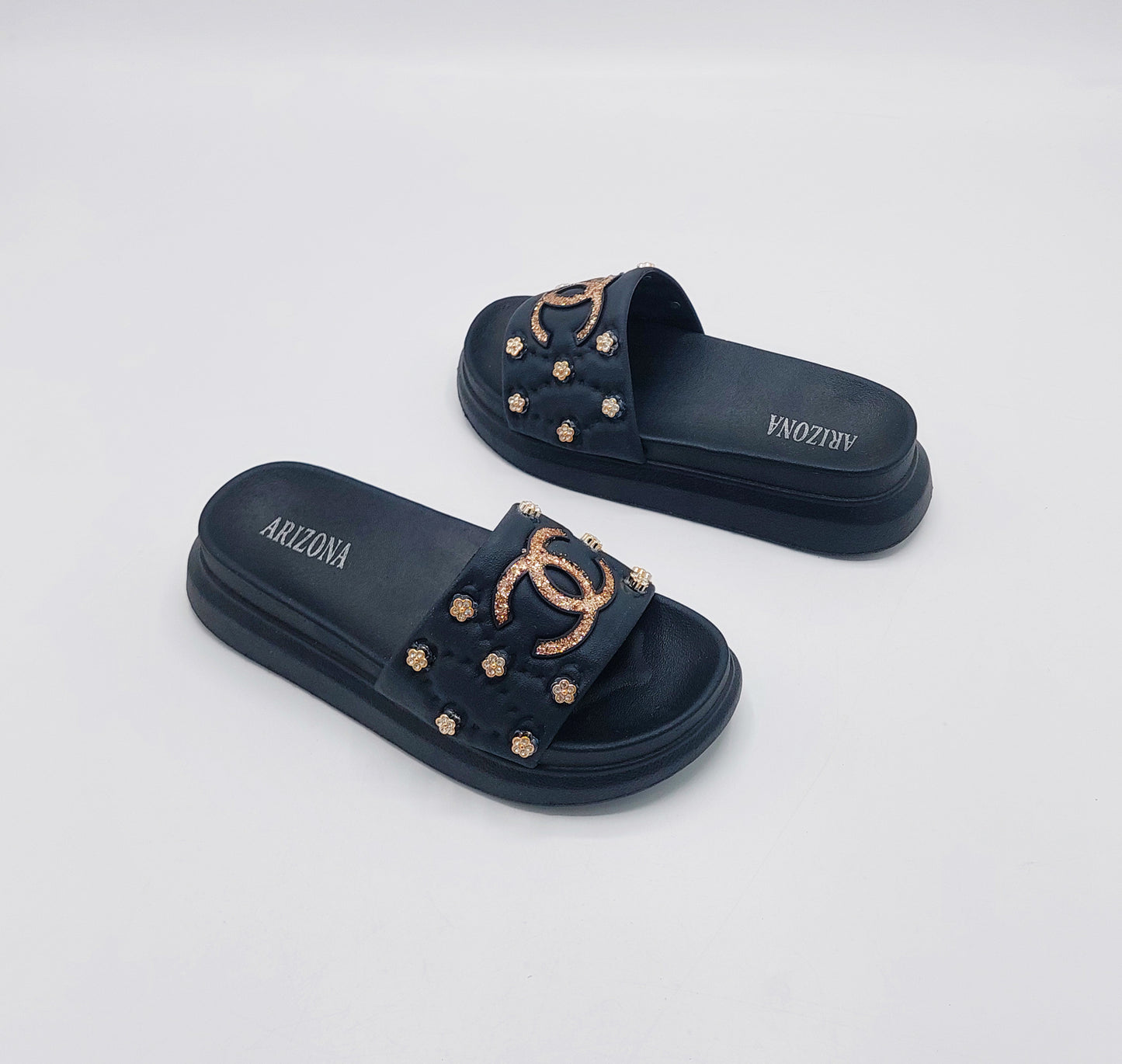 Thick Sole Sliders for Girls - BWS (Black)