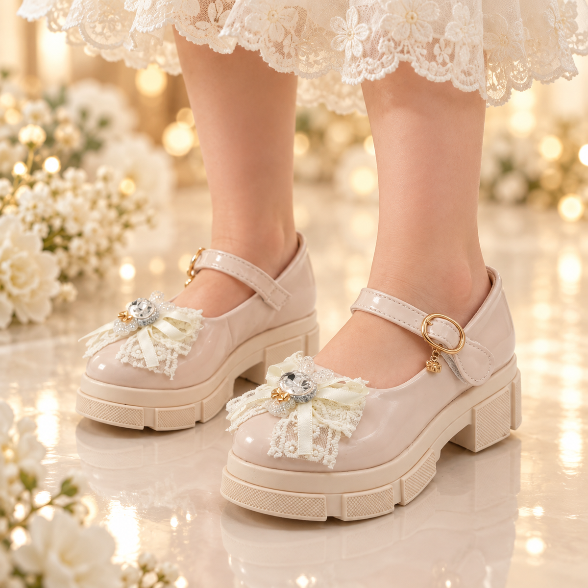 Girl's Beautiful Design Heels Pumps for Kids - PU1 (Beige)