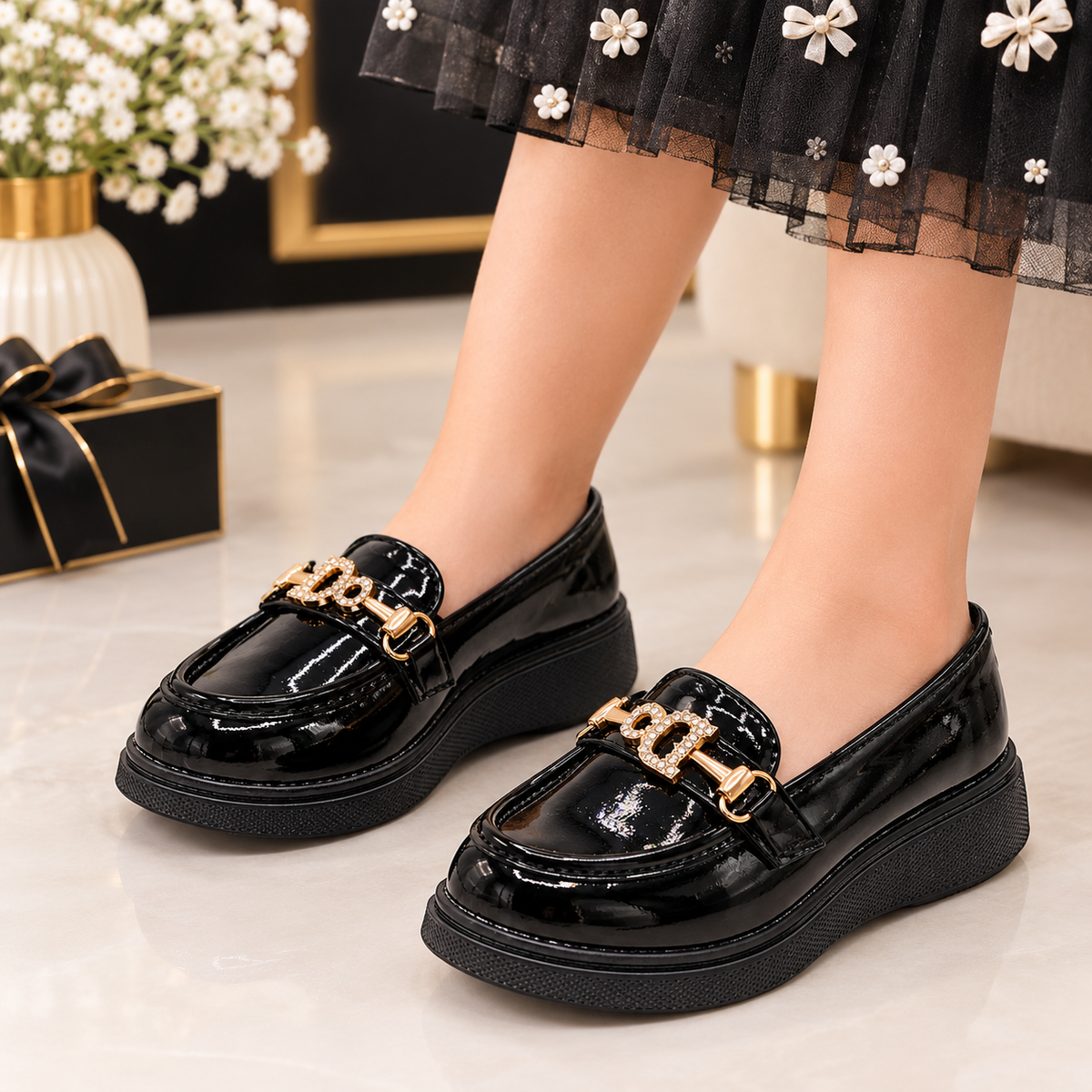 Beautiful Design Glossy Look Loafers for Kids Girls - YK8 (Black)