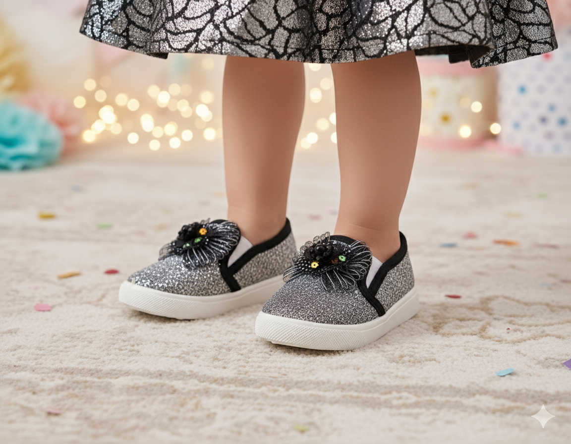 Beautiful Design Fancy Look Canvas Shoes for Kids Girls - 007 (Black)