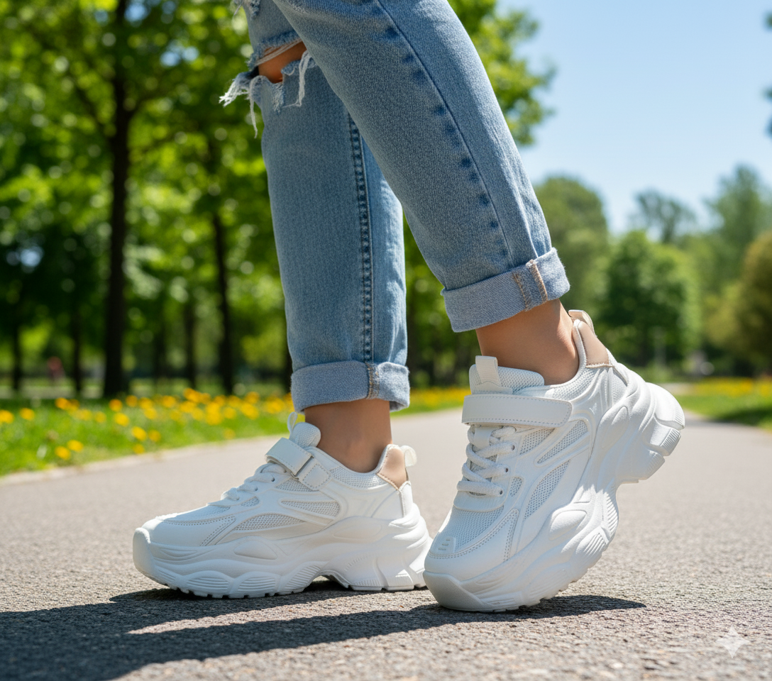 Women's Thick Sole Trendy Look Sneakers - Y-916 (White)