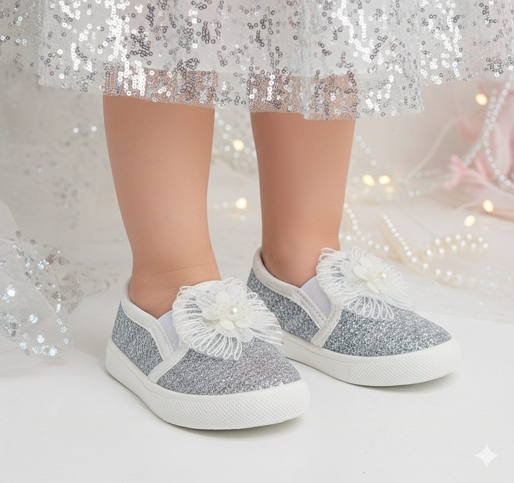 Beautiful Design Fancy Look Canvas Shoes for Kids Girls - 007 (Silver)