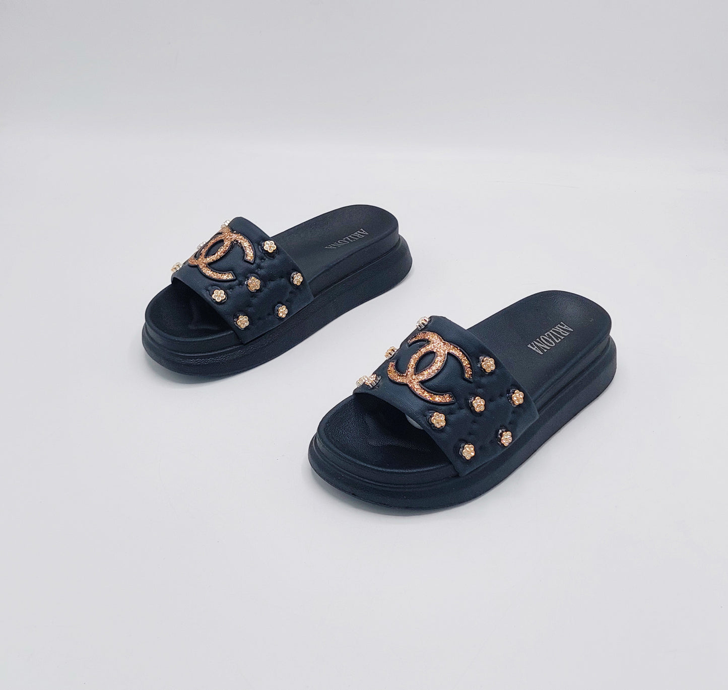 Thick Sole Sliders for Girls - BWS (Black)