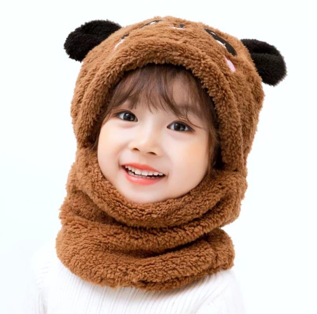Panda Wool Cap with Attached Neck Warmer for Kids