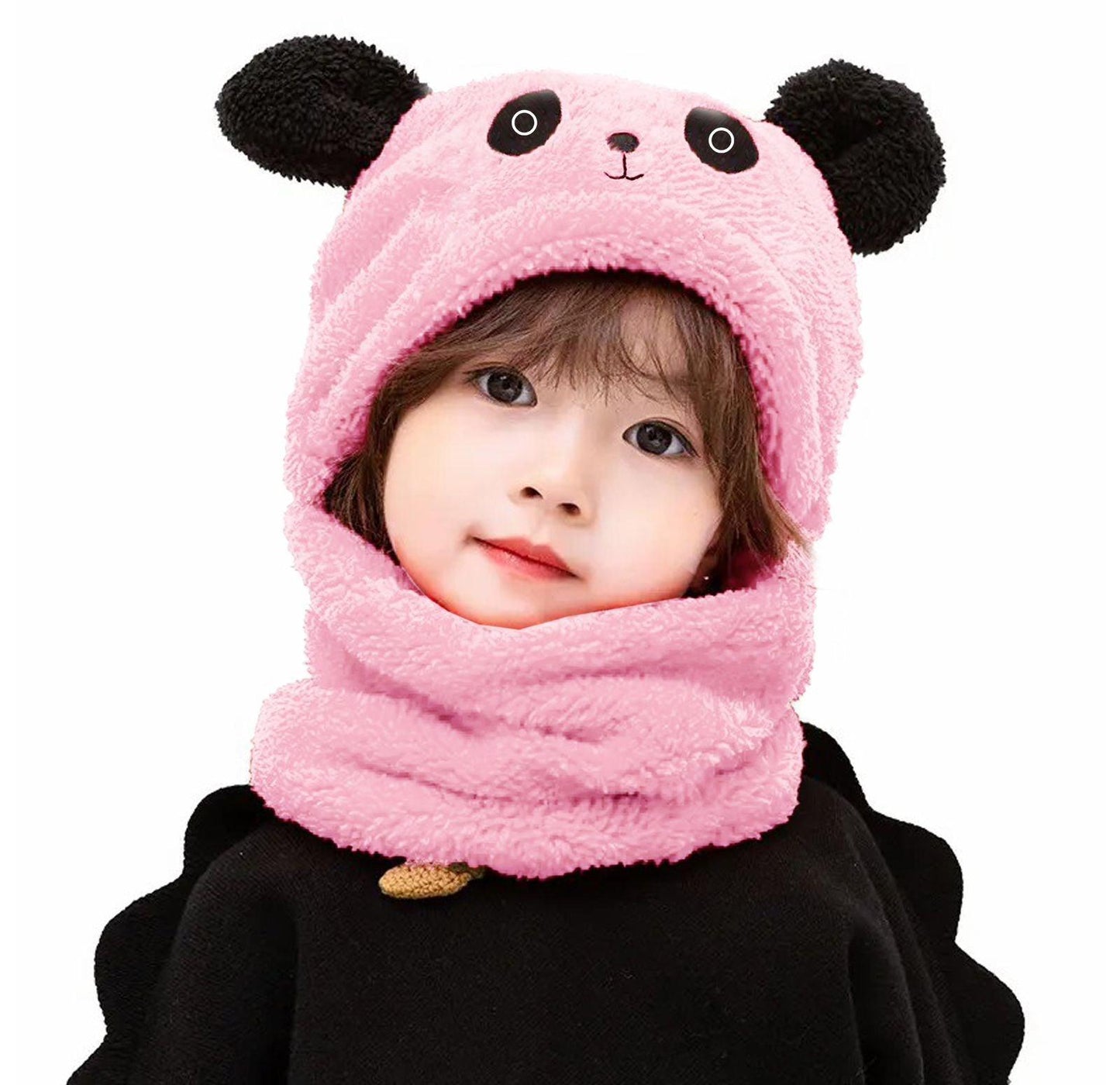 Panda Wool Cap with Attached Neck Warmer for Kids
