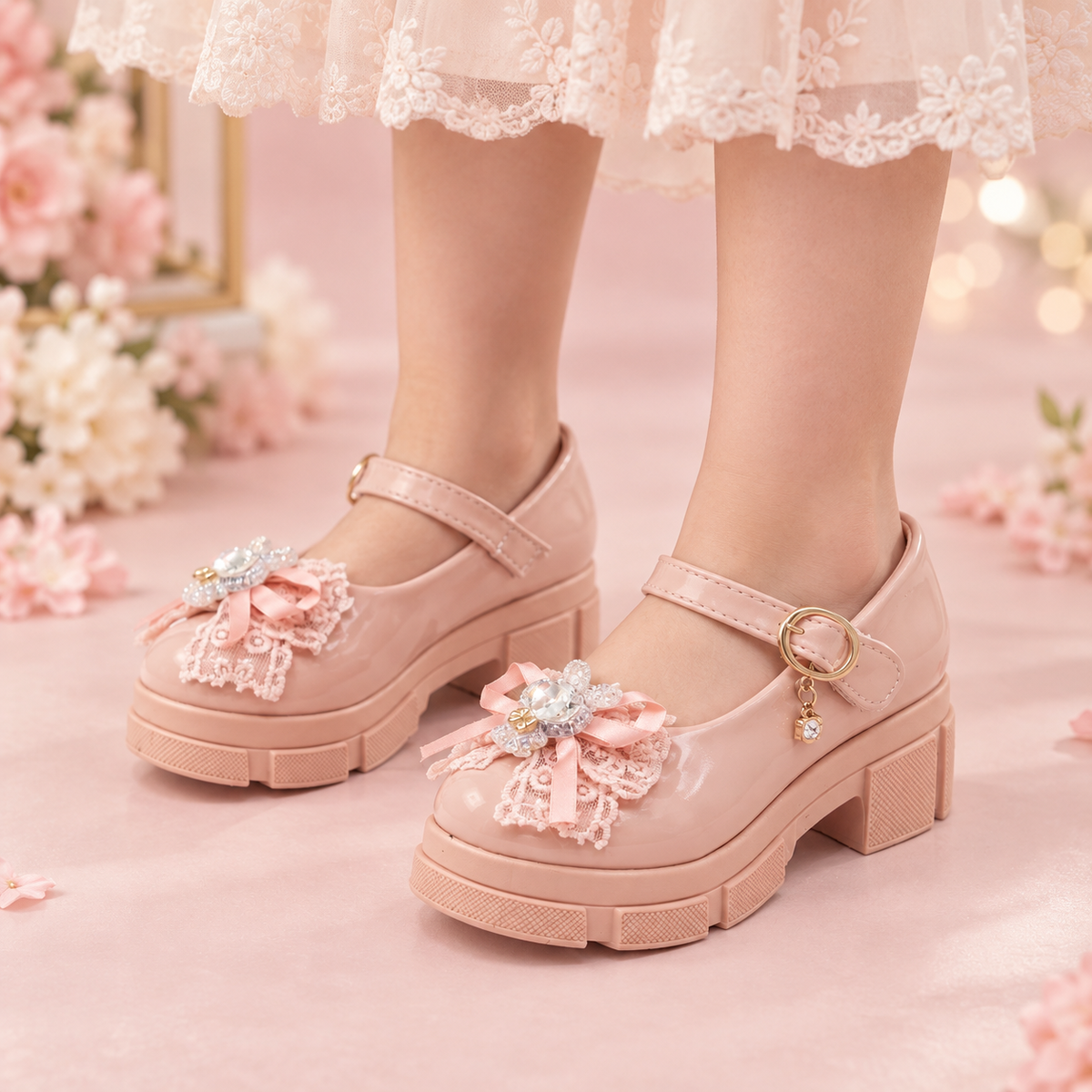 Girl's Beautiful Design Heels Pumps for Kids - PU1 (Pink)