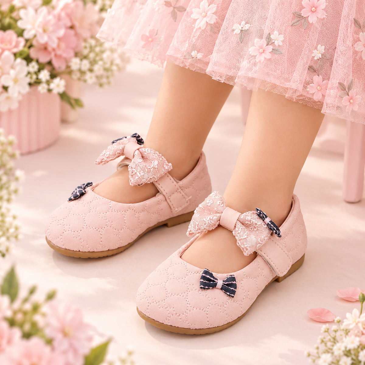 Girl's Beautiful Design Soft Sole Pumps for Kids - MYH717 (Pink)