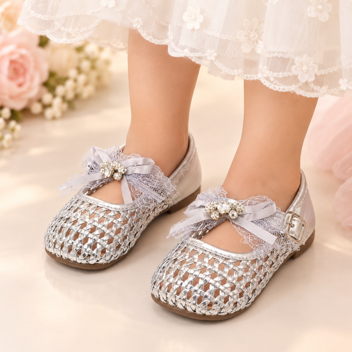 Girl's Beautiful Design Soft Sole Pumps for Kids - JJL04 (Silver)