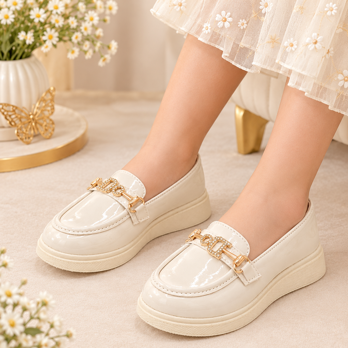 Beautiful Design Glossy Look Loafers for Kids Girls - YK8 (Beige)