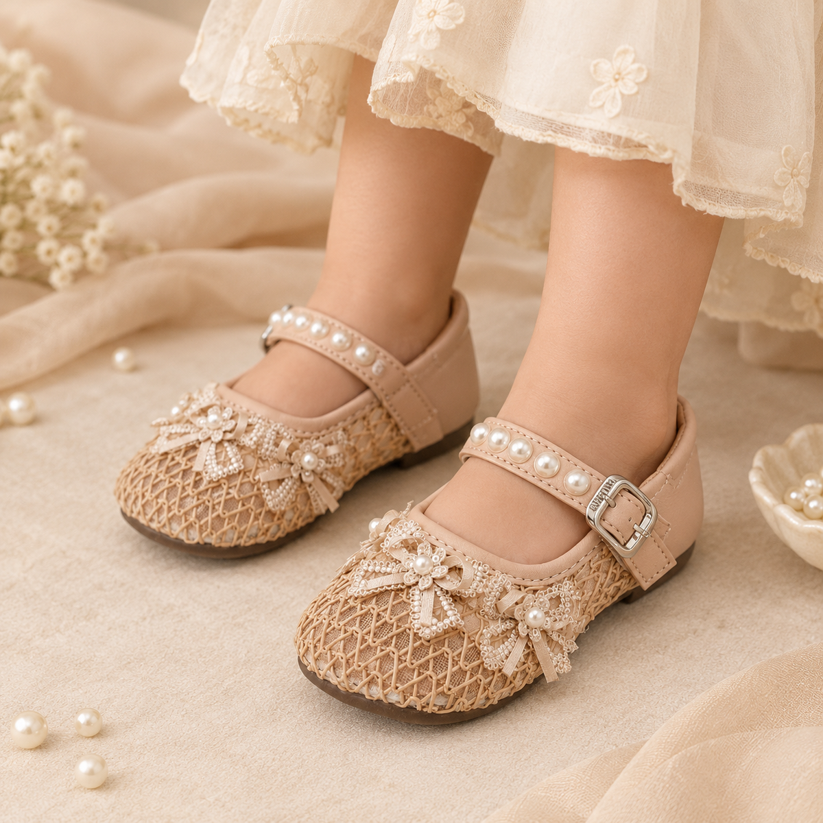 Girl's Beautiful Design Soft Sole Pumps for Kids - JJL01 (Peach)