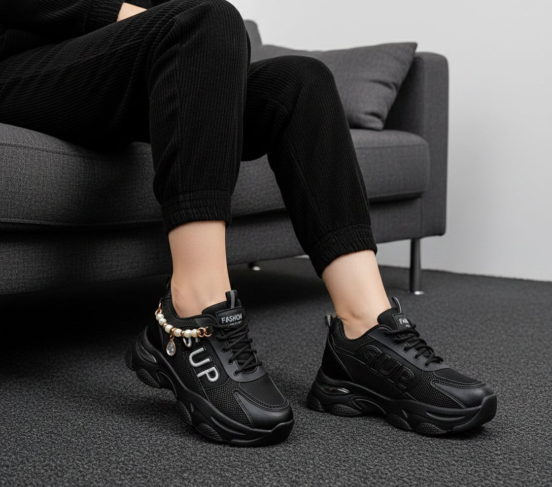 Women's Thick Sole Trendy Look Sneakers - 2025 (Black)