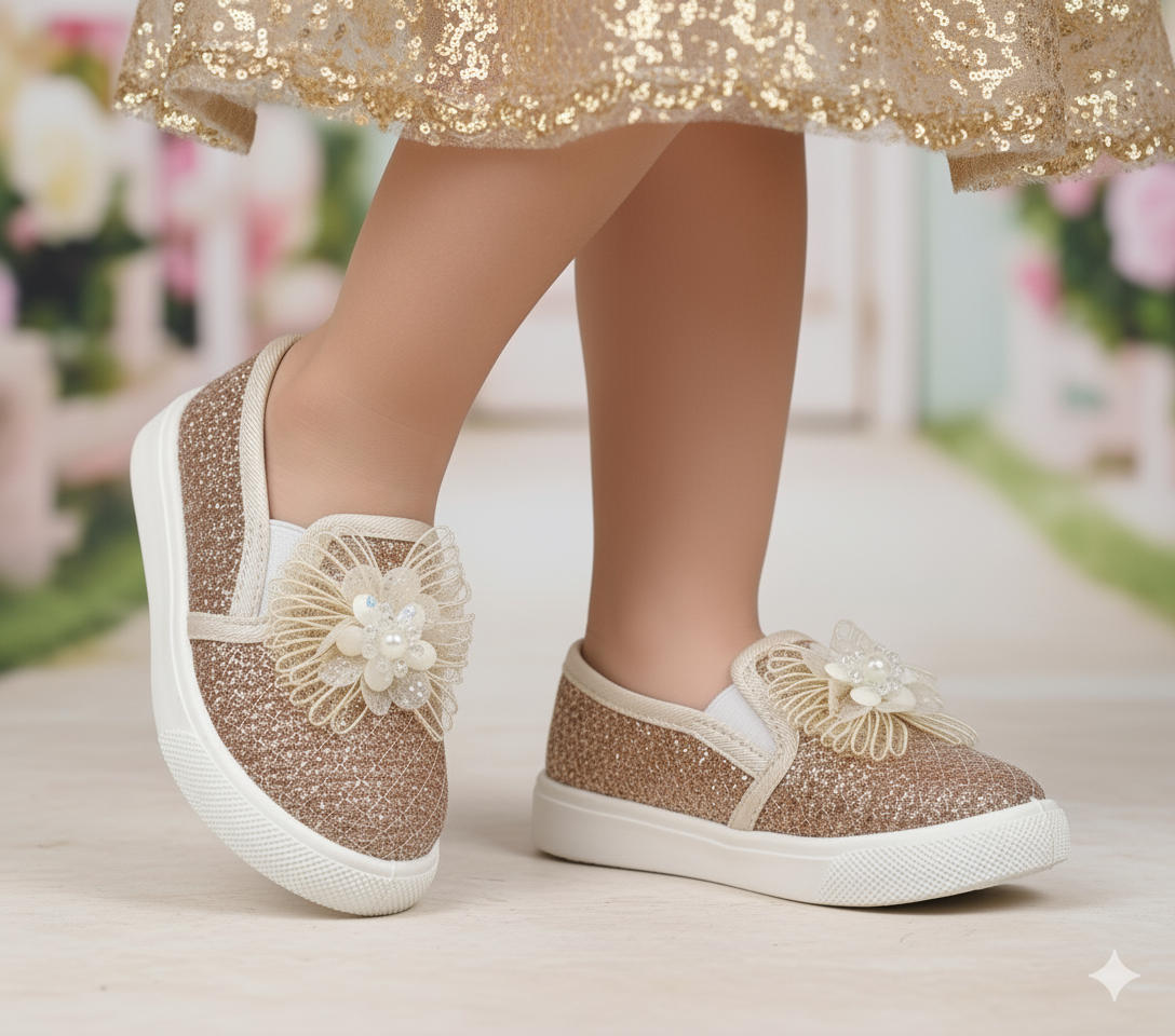Beautiful Design Fancy Look Canvas Shoes for Kids Girls - 007 (Beige)