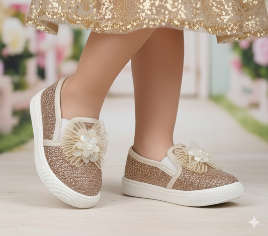Beautiful Design Fancy Look Canvas Shoes for Kids Girls - 007 (Beige)