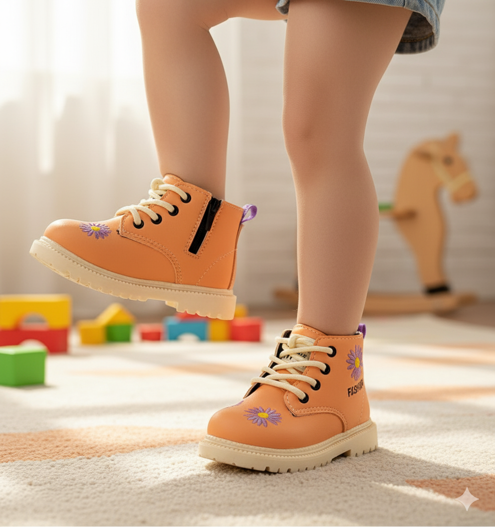 Beautiful Flower Printed Soft Sole Long Shoes for Kids Girls - 817