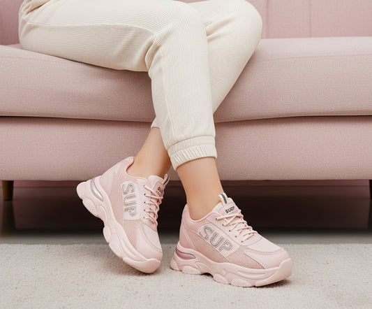 Women's Thick Sole Trendy Look Sneakers - 2025 (Pink)