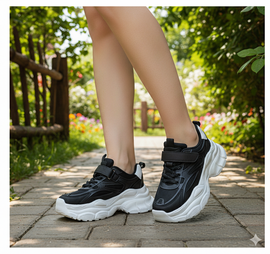 Women's Thick Sole Trendy Look Sneakers - Y-916 (Black)