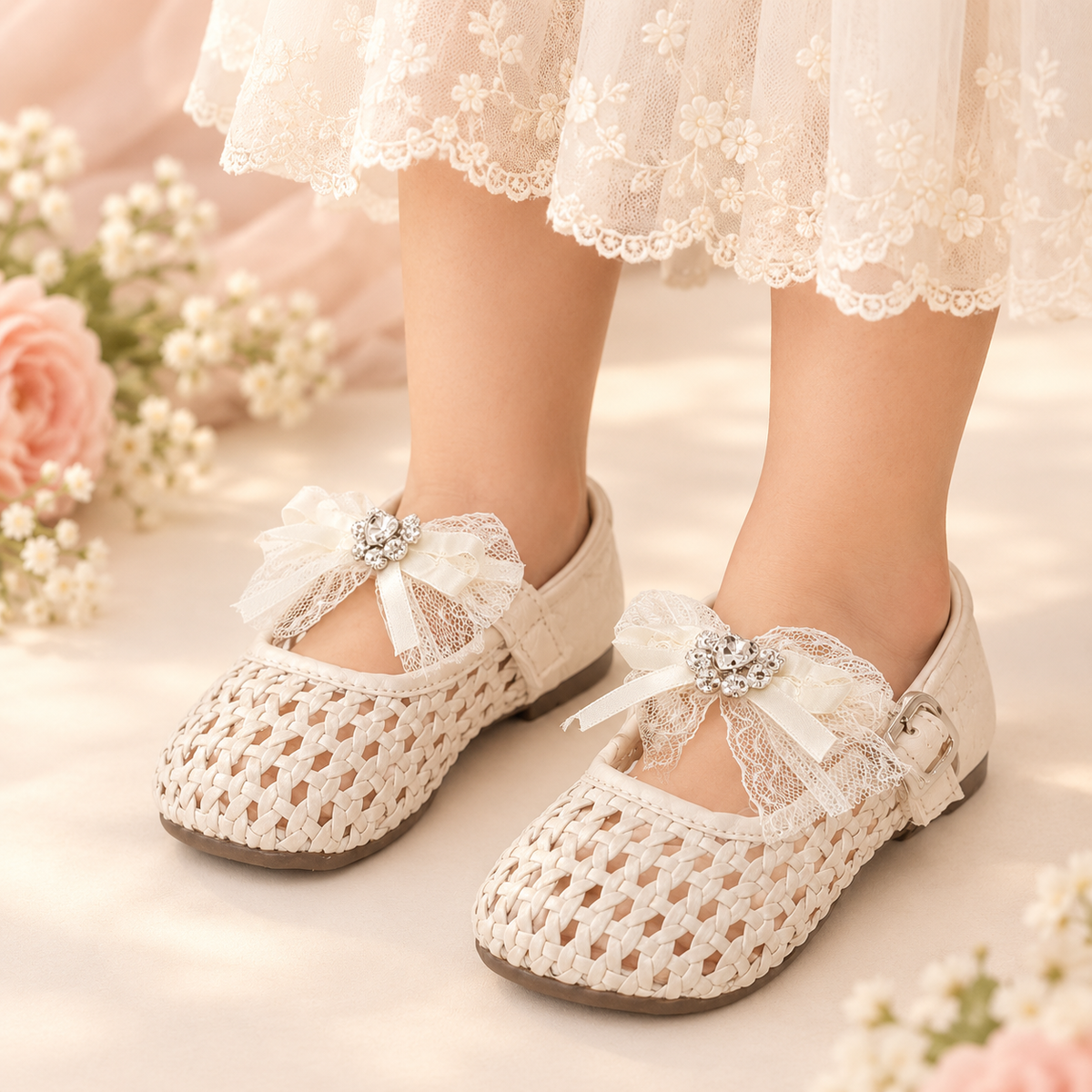 Girl's Beautiful Design Soft Sole Pumps for Kids - JJL04 (Beige)