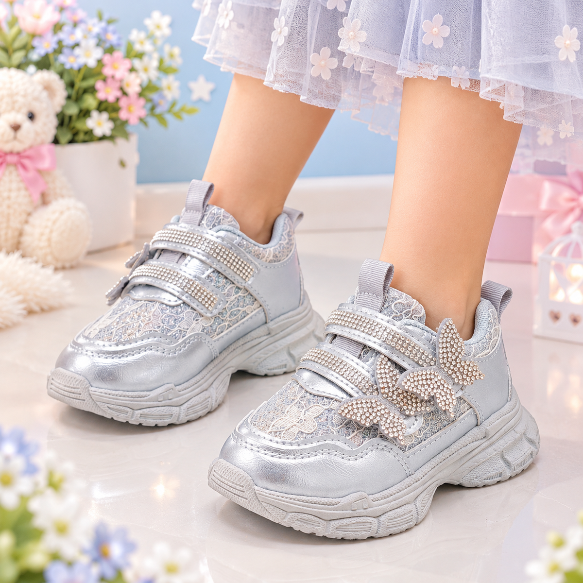 Beautiful Design Fancy Look Sneakers for Kids Girls - LO108 (Silver)
