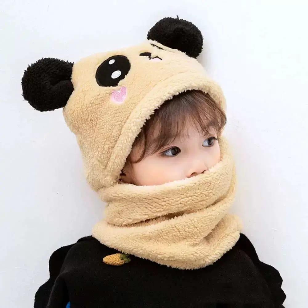 Panda Wool Cap with Attached Neck Warmer for Kids