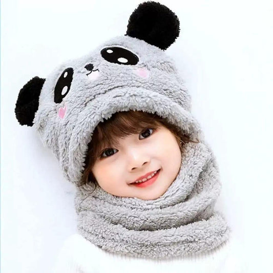 Panda Wool Cap with Attached Neck Warmer for Kids